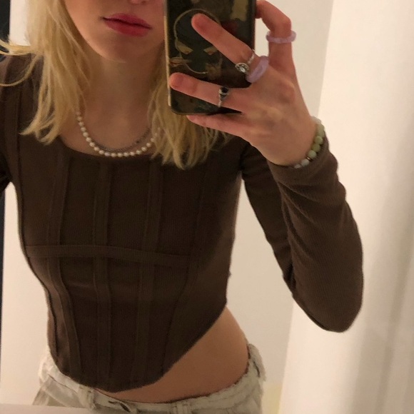 Brown Longsleeve Corset Style Crop Top XS - Picture 4 of 4